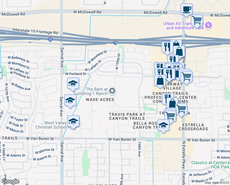 map of restaurants, bars, coffee shops, grocery stores, and more near 16036 West Wade Lane in Goodyear