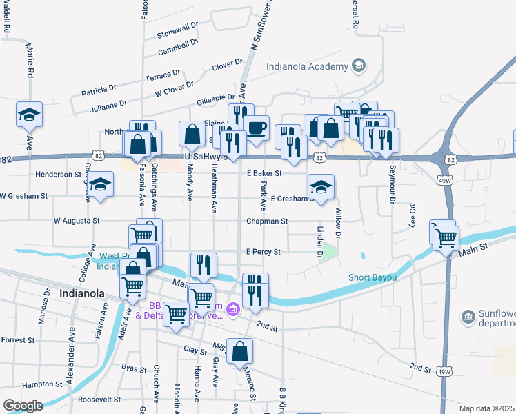 map of restaurants, bars, coffee shops, grocery stores, and more near 501-699 East Gresham Street in Indianola