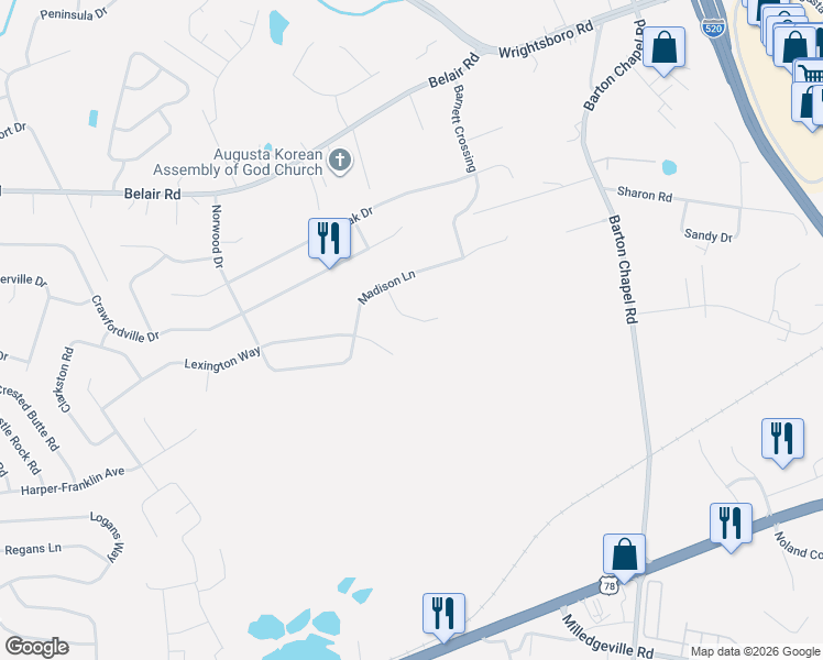 map of restaurants, bars, coffee shops, grocery stores, and more near 4107 Social Circle in Augusta