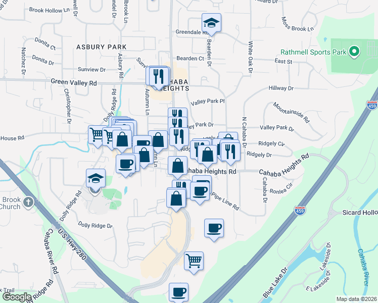 map of restaurants, bars, coffee shops, grocery stores, and more near 3208 Ridgely Drive in Vestavia Hills