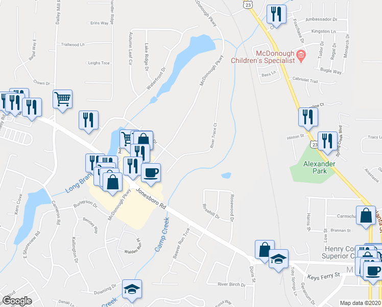 map of restaurants, bars, coffee shops, grocery stores, and more near 170 River Trace Court in McDonough