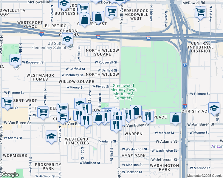 map of restaurants, bars, coffee shops, grocery stores, and more near 2738 West Pierce Street in Phoenix
