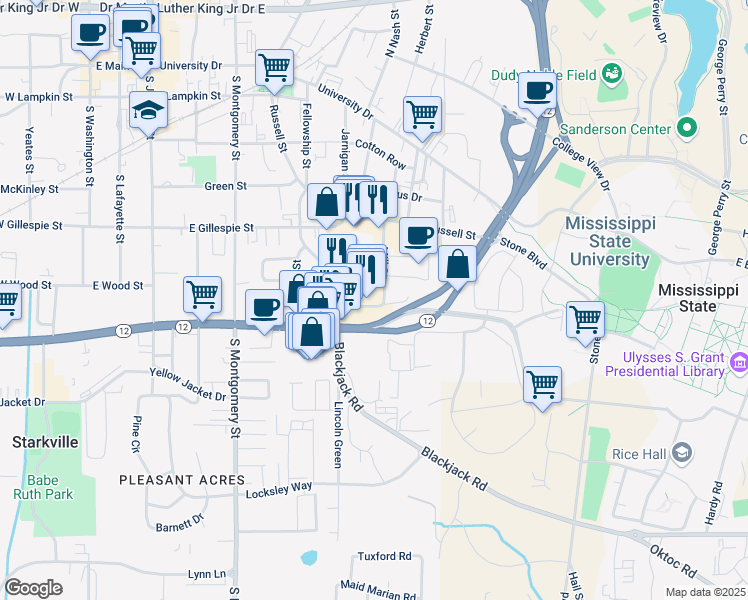 map of restaurants, bars, coffee shops, grocery stores, and more near 327 Mississippi 12 in Starkville