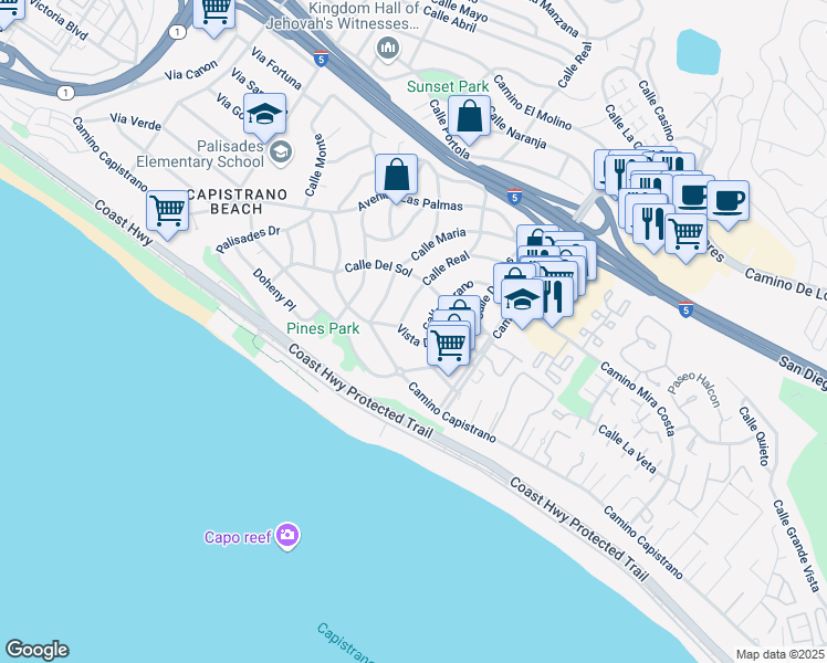 map of restaurants, bars, coffee shops, grocery stores, and more near 26791 Vista Del Mar in Dana Point