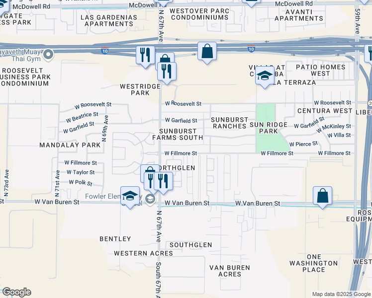 map of restaurants, bars, coffee shops, grocery stores, and more near 6601 West McKinley Street in Phoenix