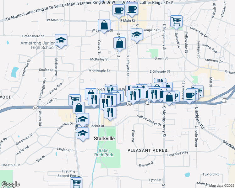 map of restaurants, bars, coffee shops, grocery stores, and more near 20 East Wood Street in Starkville
