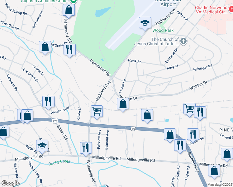 map of restaurants, bars, coffee shops, grocery stores, and more near 2913 Myrtle Avenue in Augusta
