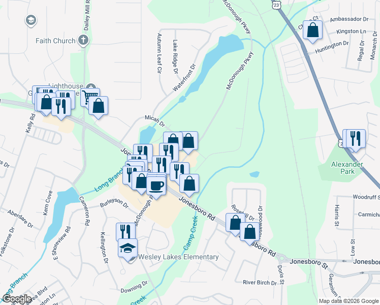 map of restaurants, bars, coffee shops, grocery stores, and more near McDonough Parkway in McDonough