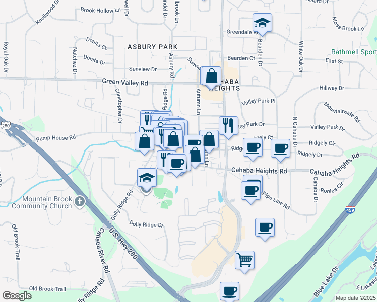 map of restaurants, bars, coffee shops, grocery stores, and more near 3175 Pipe Line Road in Vestavia Hills