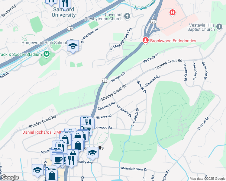 map of restaurants, bars, coffee shops, grocery stores, and more near 2112 Shades Crest Road in Vestavia Hills