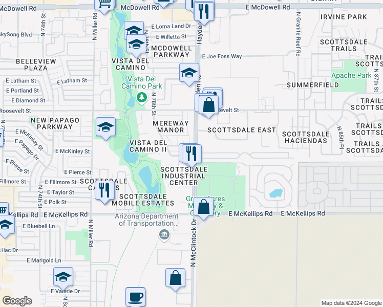 map of restaurants, bars, coffee shops, grocery stores, and more near 7919 East Kimsey Lane in Scottsdale