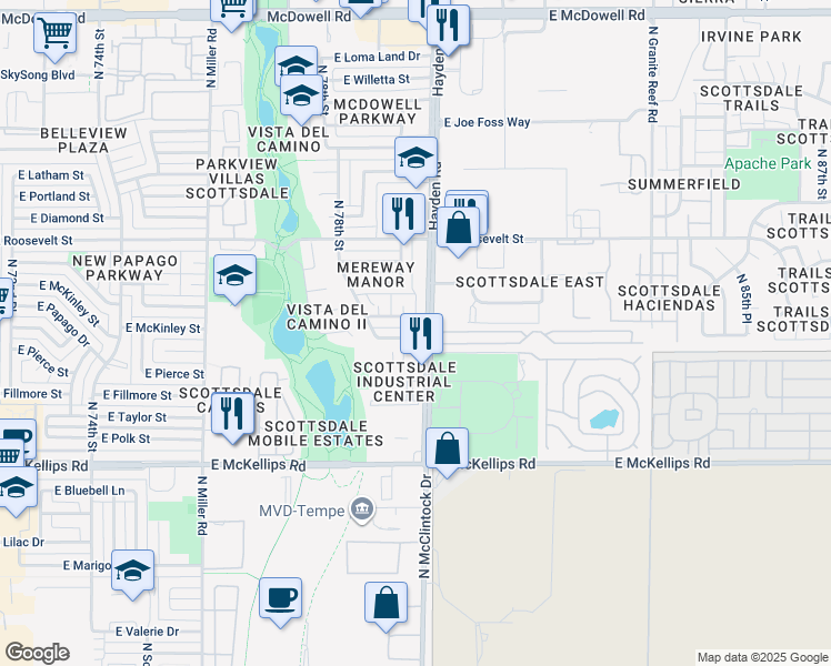 map of restaurants, bars, coffee shops, grocery stores, and more near 7919 East Kimsey Lane in Scottsdale