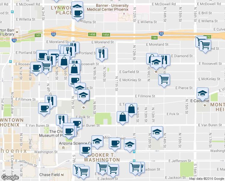 map of restaurants, bars, coffee shops, grocery stores, and more near 702 North 11th Street in Phoenix