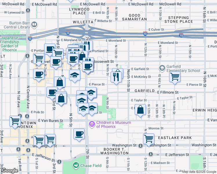map of restaurants, bars, coffee shops, grocery stores, and more near 904 East Pierce Street in Phoenix