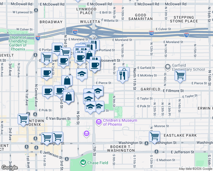 map of restaurants, bars, coffee shops, grocery stores, and more near 736 East Pierce Street in Phoenix