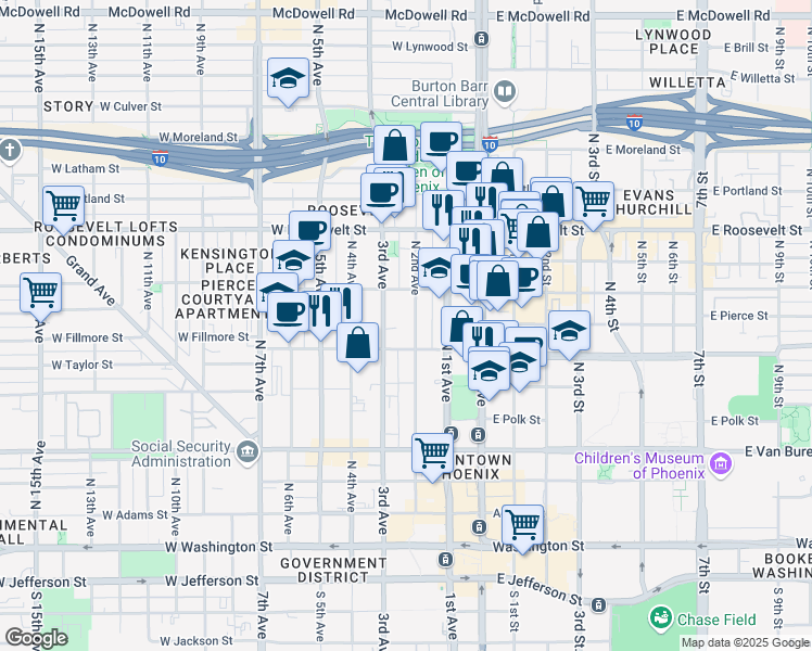 map of restaurants, bars, coffee shops, grocery stores, and more near 618 North 2nd Avenue in Phoenix