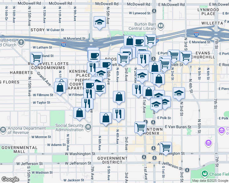 map of restaurants, bars, coffee shops, grocery stores, and more near 631 North 5th Avenue in Phoenix