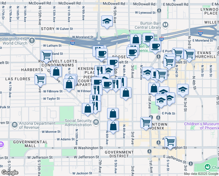 map of restaurants, bars, coffee shops, grocery stores, and more near 634 North 6th Avenue in Phoenix