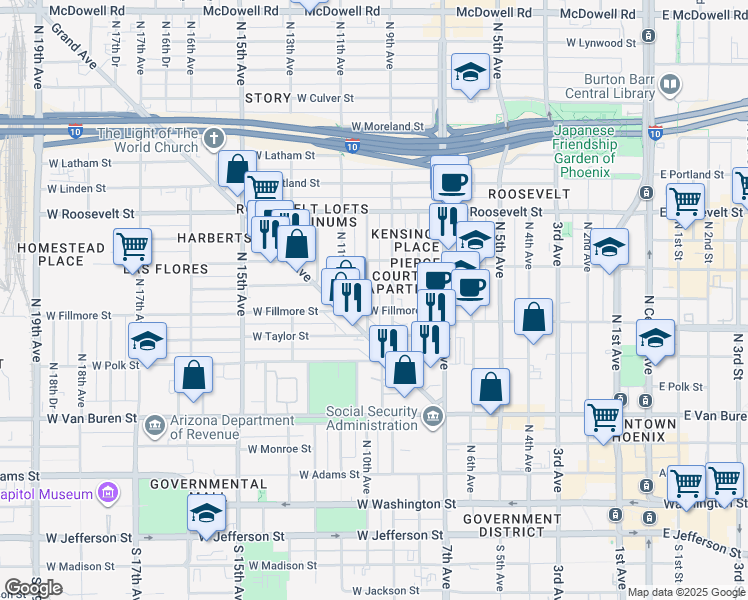 map of restaurants, bars, coffee shops, grocery stores, and more near 624 North 10th Avenue in Phoenix