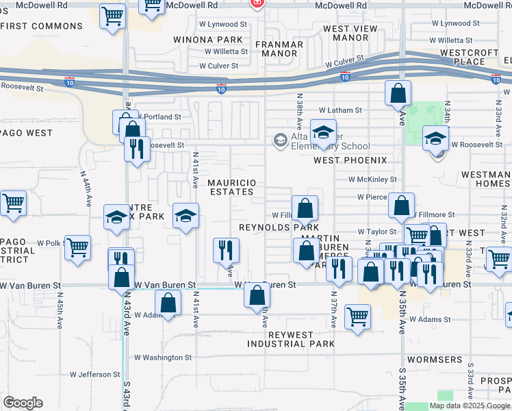 map of restaurants, bars, coffee shops, grocery stores, and more near 3834 West Pierce Street in Phoenix