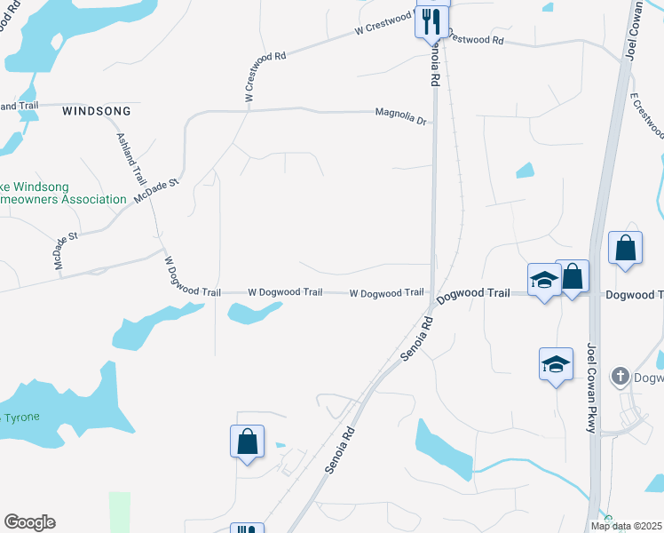 map of restaurants, bars, coffee shops, grocery stores, and more near 195 Winfair Drive in Tyrone
