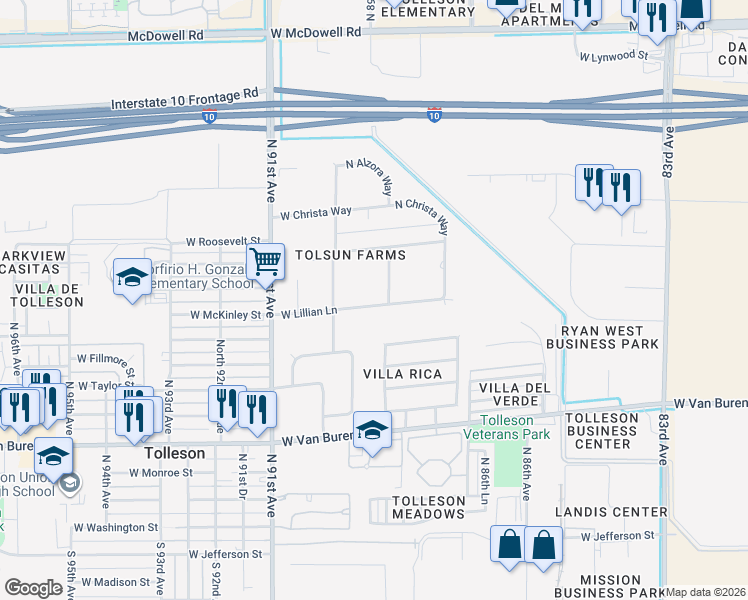 map of restaurants, bars, coffee shops, grocery stores, and more near 804 North Alzora Way in Tolleson