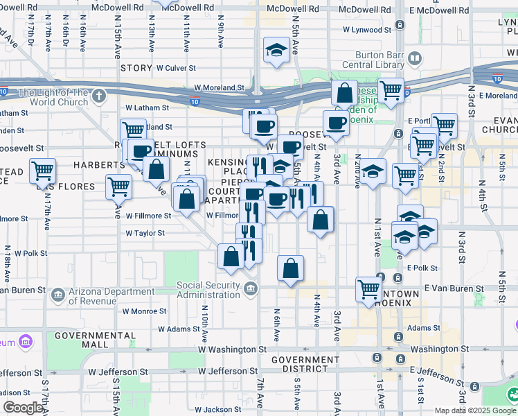 map of restaurants, bars, coffee shops, grocery stores, and more near 619 North 7th Avenue in Phoenix