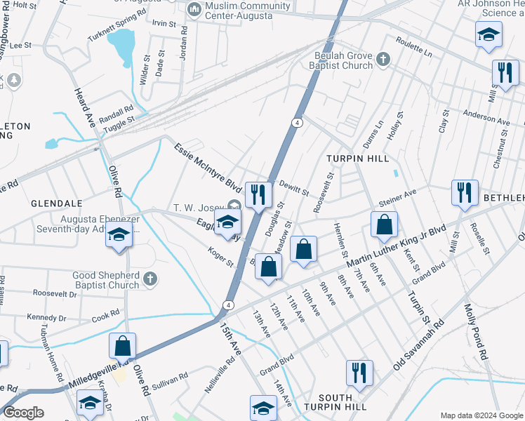 map of restaurants, bars, coffee shops, grocery stores, and more near 1701 15th Street in Augusta