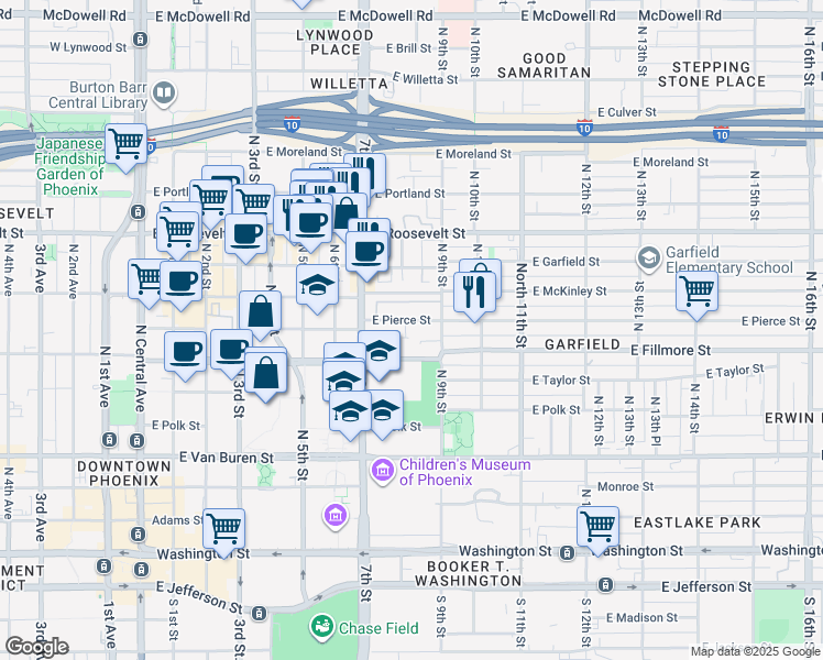 map of restaurants, bars, coffee shops, grocery stores, and more near 736 East Pierce Street in Phoenix