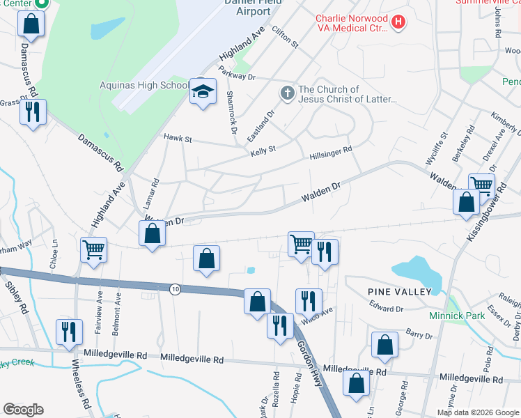 map of restaurants, bars, coffee shops, grocery stores, and more near 2403 Caldwell Drive in Augusta