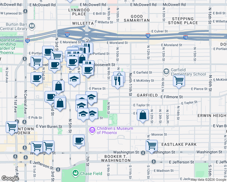 map of restaurants, bars, coffee shops, grocery stores, and more near 915 East Pierce Street in Phoenix