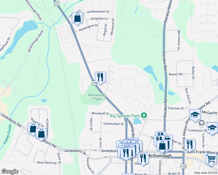 map of restaurants, bars, coffee shops, grocery stores, and more near 111 Spring Creek Boulevard in McDonough