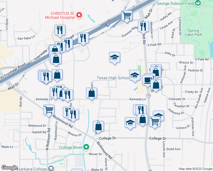 map of restaurants, bars, coffee shops, grocery stores, and more near 11 Lambeth Circle in Texarkana