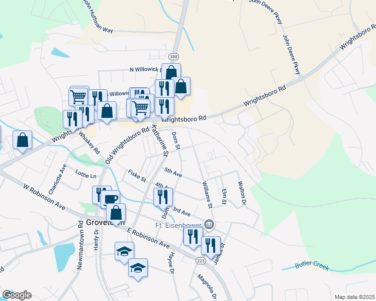 map of restaurants, bars, coffee shops, grocery stores, and more near 203 6th Avenue in Grovetown