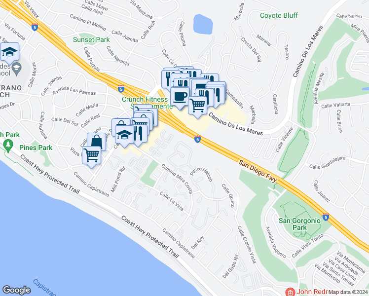 map of restaurants, bars, coffee shops, grocery stores, and more near 3494 Paseo Flamenco in San Clemente