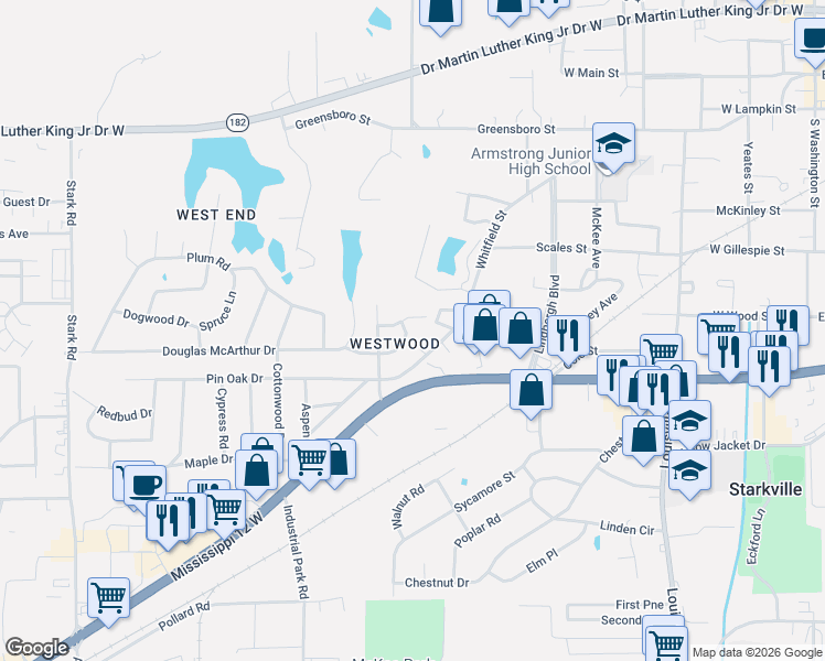 map of restaurants, bars, coffee shops, grocery stores, and more near 122 Cooper Lane in Starkville