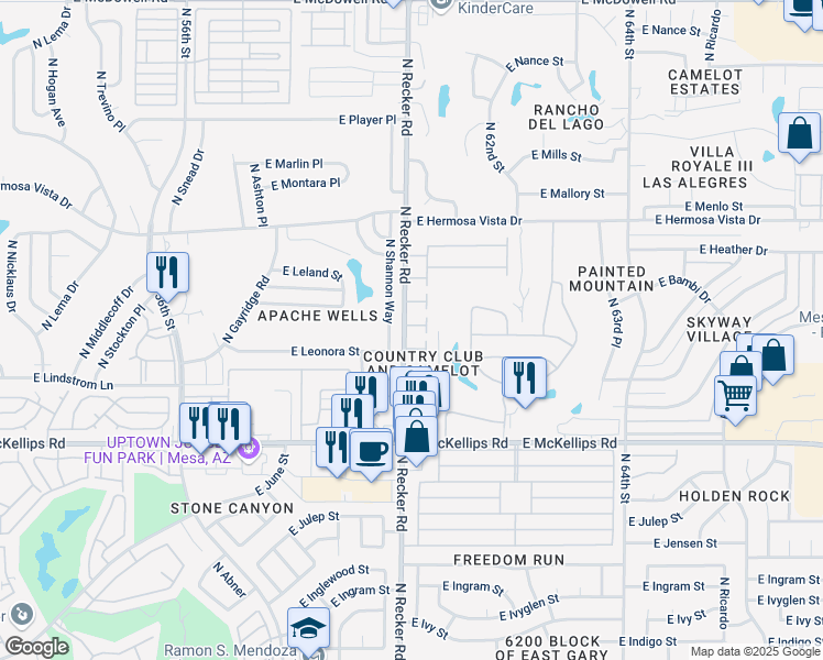 map of restaurants, bars, coffee shops, grocery stores, and more near 2209 North Recker Road in Mesa