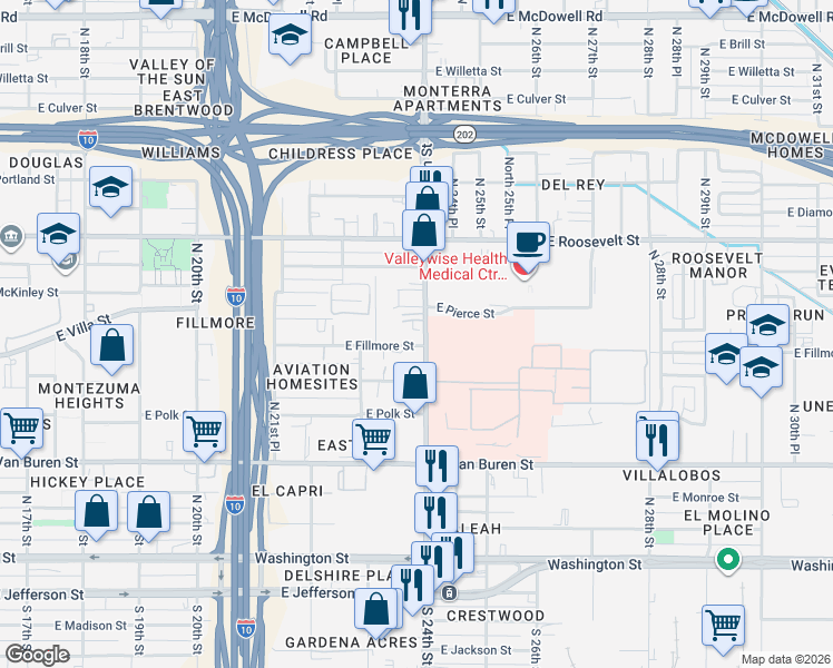 map of restaurants, bars, coffee shops, grocery stores, and more near 618 North 24th Street in Phoenix