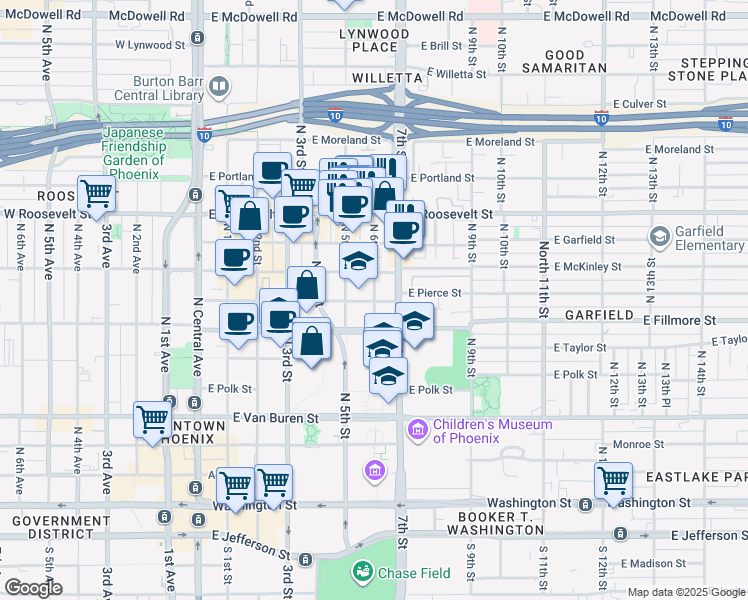 map of restaurants, bars, coffee shops, grocery stores, and more near 702 North 6th Street in Phoenix