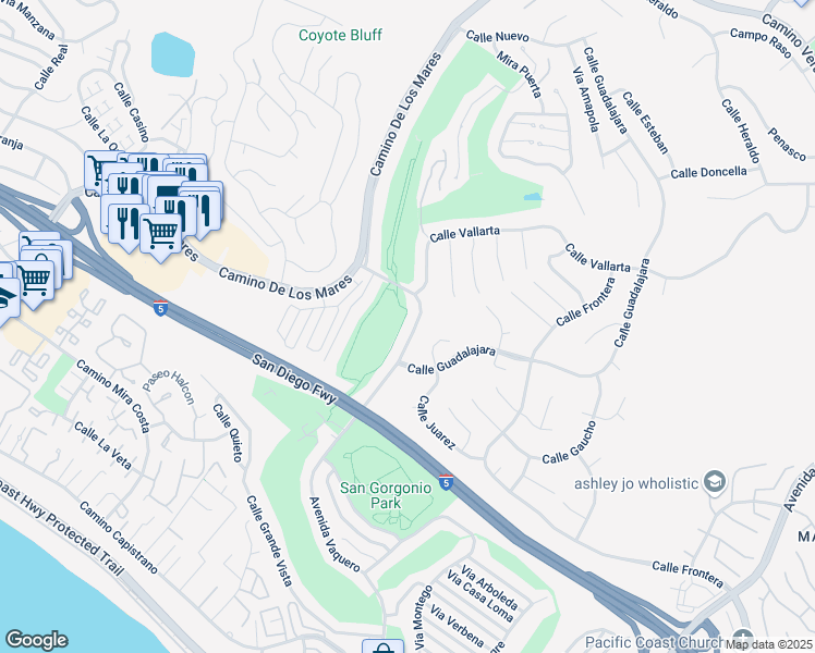 map of restaurants, bars, coffee shops, grocery stores, and more near 637 Avenida Vaquero in San Clemente