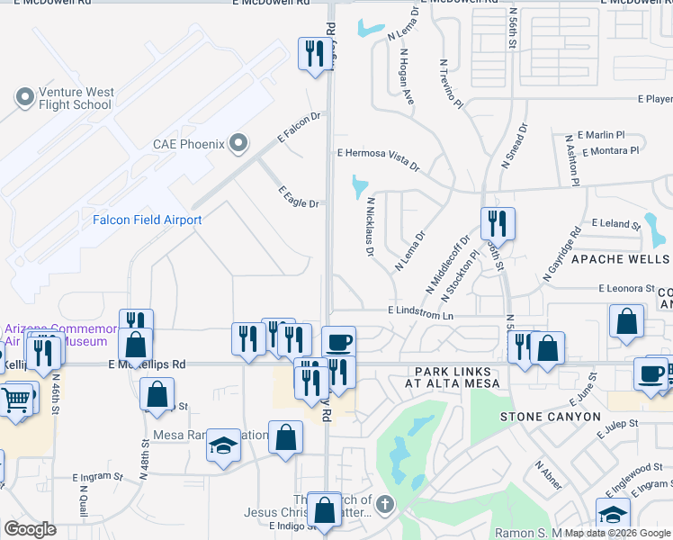 map of restaurants, bars, coffee shops, grocery stores, and more near 2217 North Higley Road in Mesa