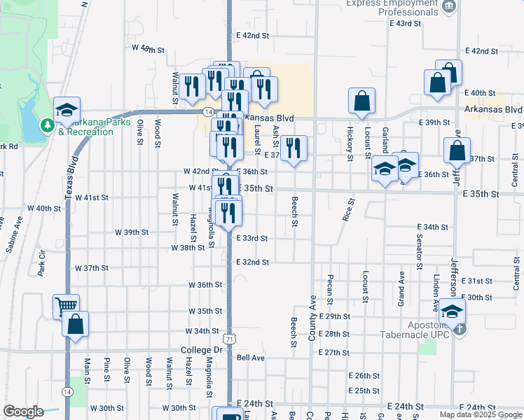 map of restaurants, bars, coffee shops, grocery stores, and more near 3406 Laurel Street in Texarkana