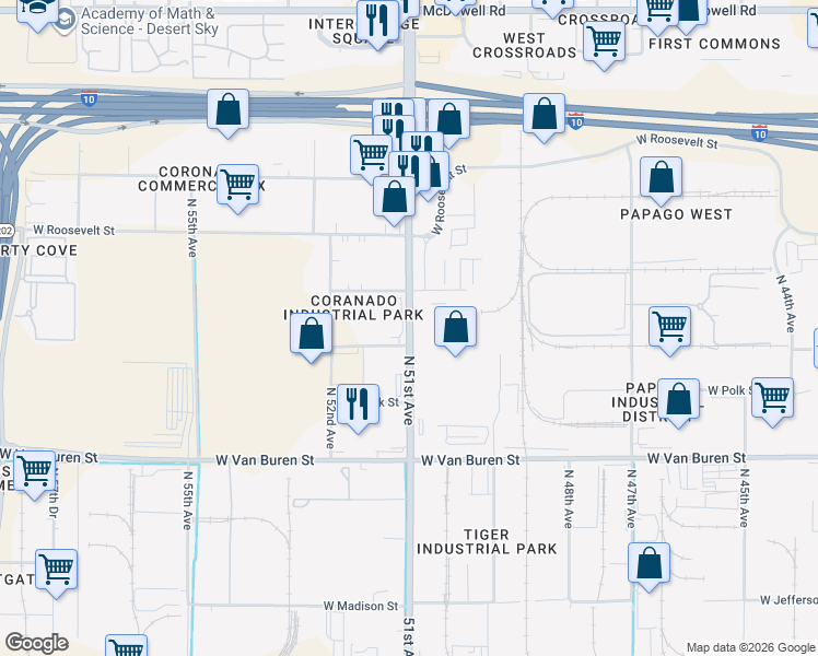 map of restaurants, bars, coffee shops, grocery stores, and more near 665 North 51st Avenue in Phoenix