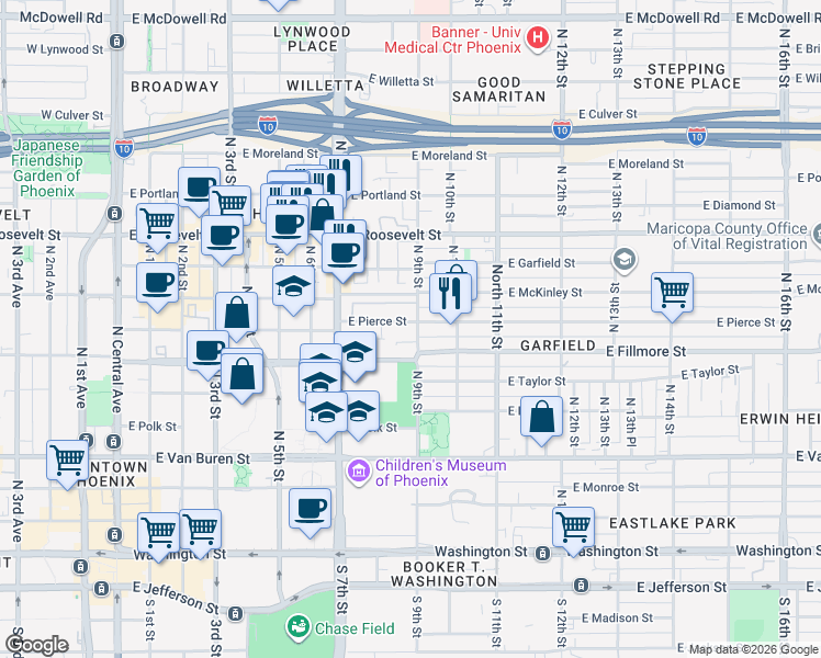 map of restaurants, bars, coffee shops, grocery stores, and more near 769 East Pierce Street in Phoenix