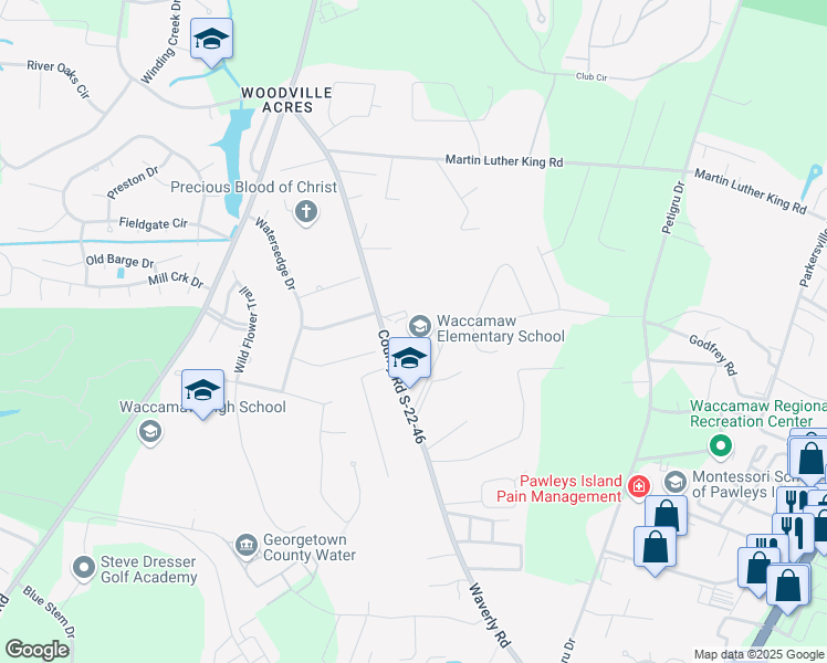 map of restaurants, bars, coffee shops, grocery stores, and more near 1364 Waverly Road in Pawleys Island
