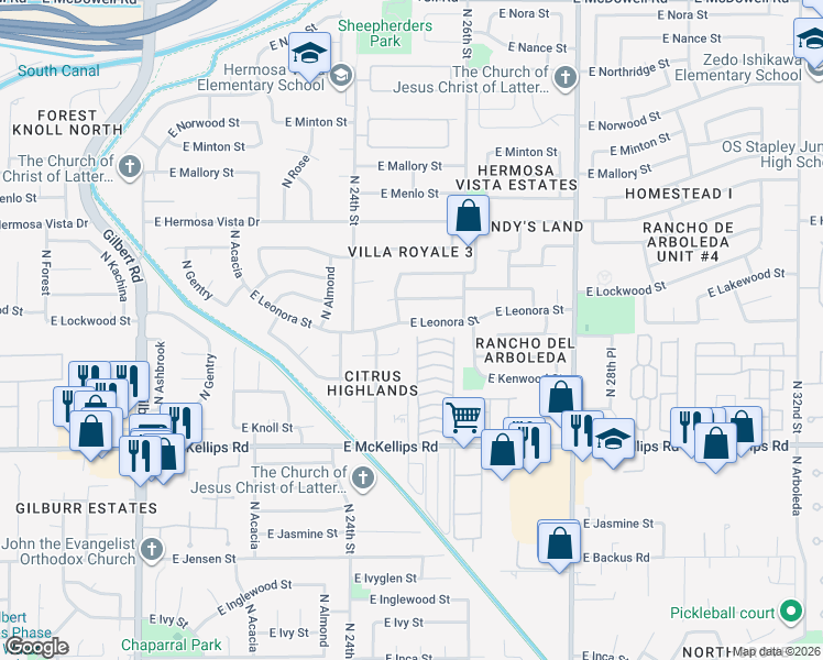map of restaurants, bars, coffee shops, grocery stores, and more near 2506 East Leonora Street in Mesa