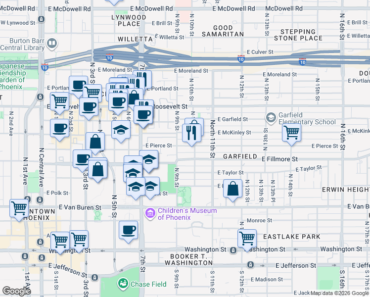 map of restaurants, bars, coffee shops, grocery stores, and more near 915 East Pierce Street in Phoenix