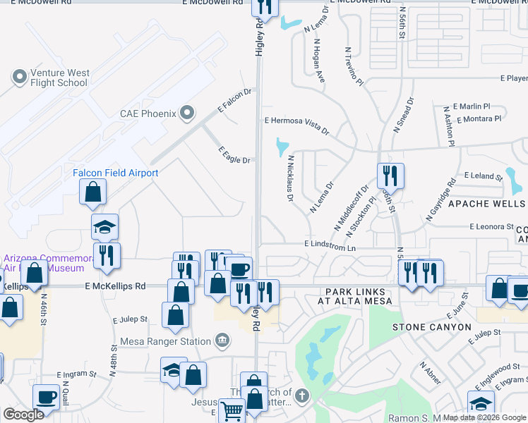 map of restaurants, bars, coffee shops, grocery stores, and more near 2217 North Higley Road in Mesa