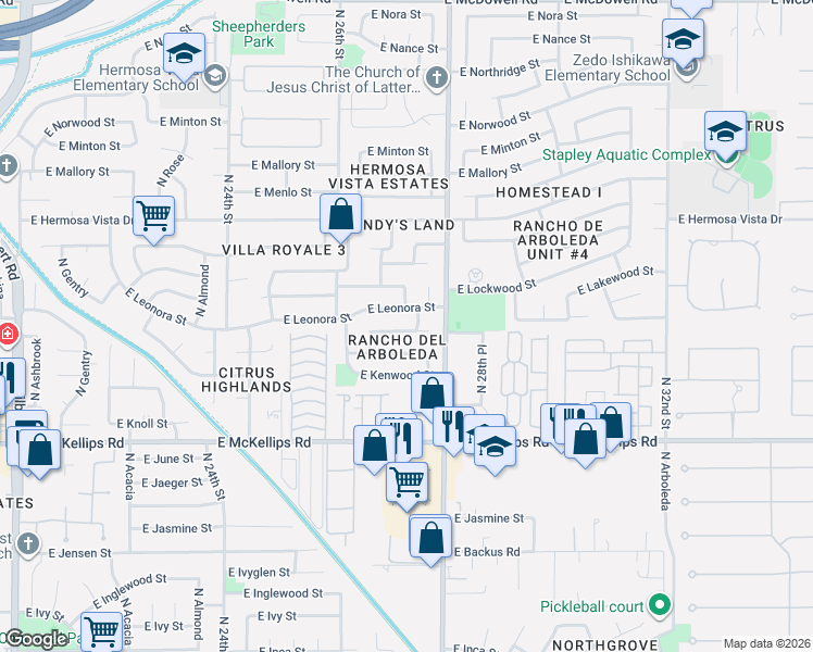 map of restaurants, bars, coffee shops, grocery stores, and more near 2715 East Leonora Street in Mesa