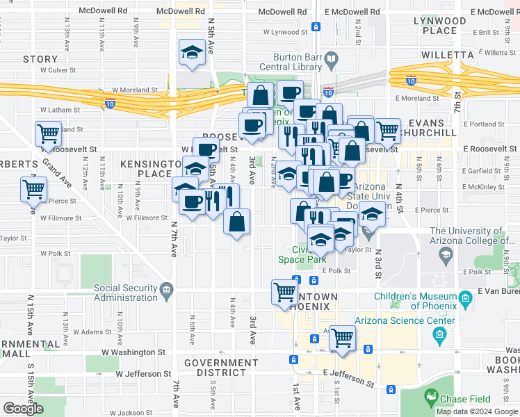 map of restaurants, bars, coffee shops, grocery stores, and more near 618 North 2nd Avenue in Phoenix
